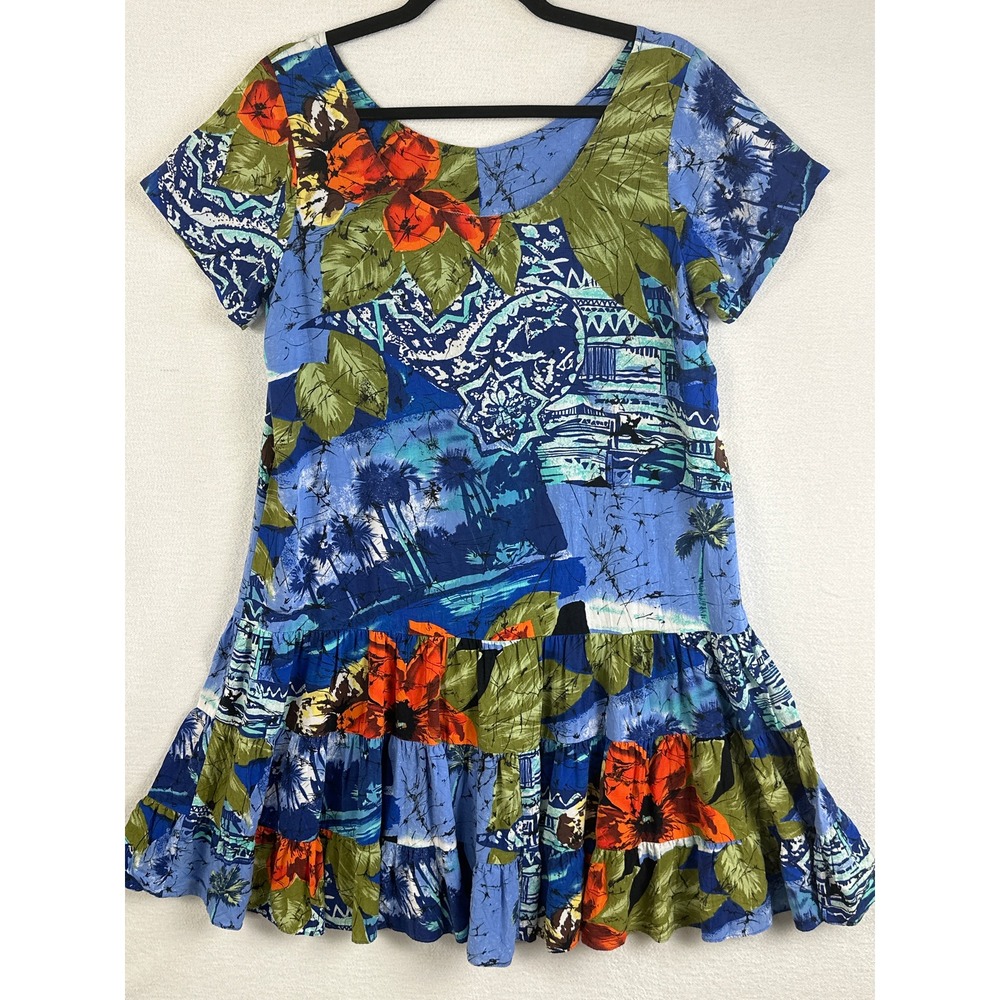 Jams World Dress Women's‎ Medium Hawaiian Floral Print Dress Ruffle Short Sleeve